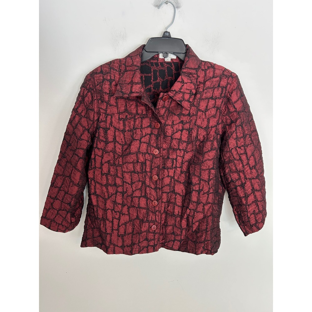 Y2K Ali Miles Womens Red Black Abstract Crinkle Textured Button Down Jacket Sz L